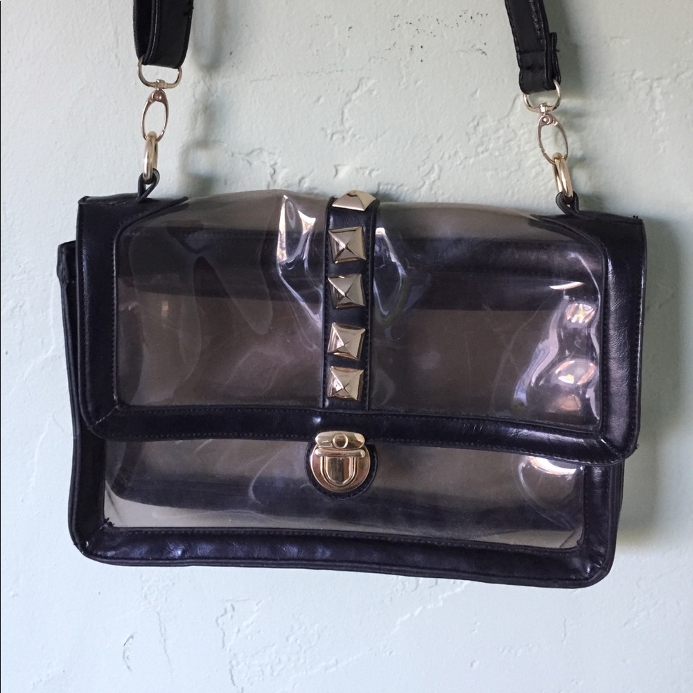 Clear Studded Black Vegan Leather Bag Purse Clutch