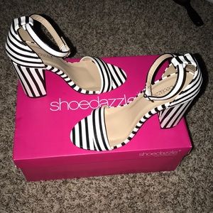 black & white striped chunky heel sandal