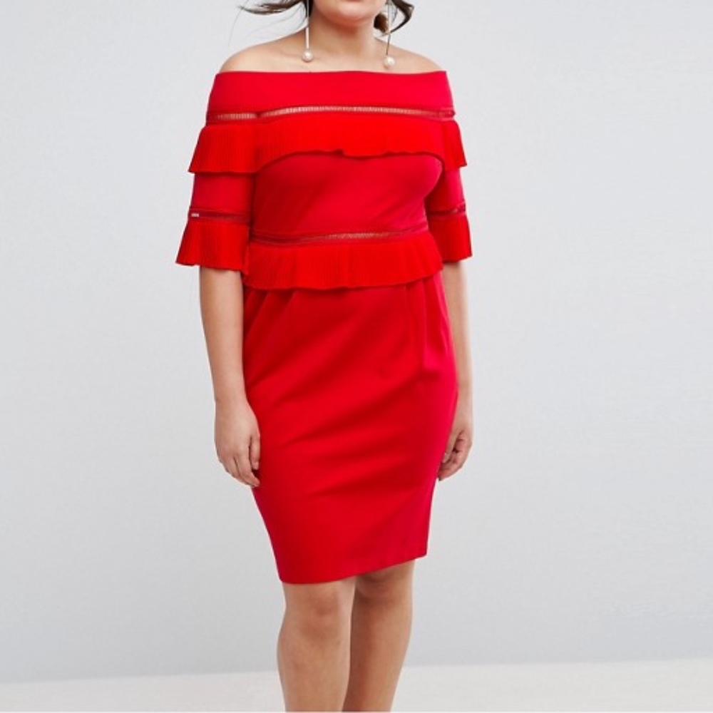 ASOS CURVE Pleat & Ruffle Off Shoulder Dress