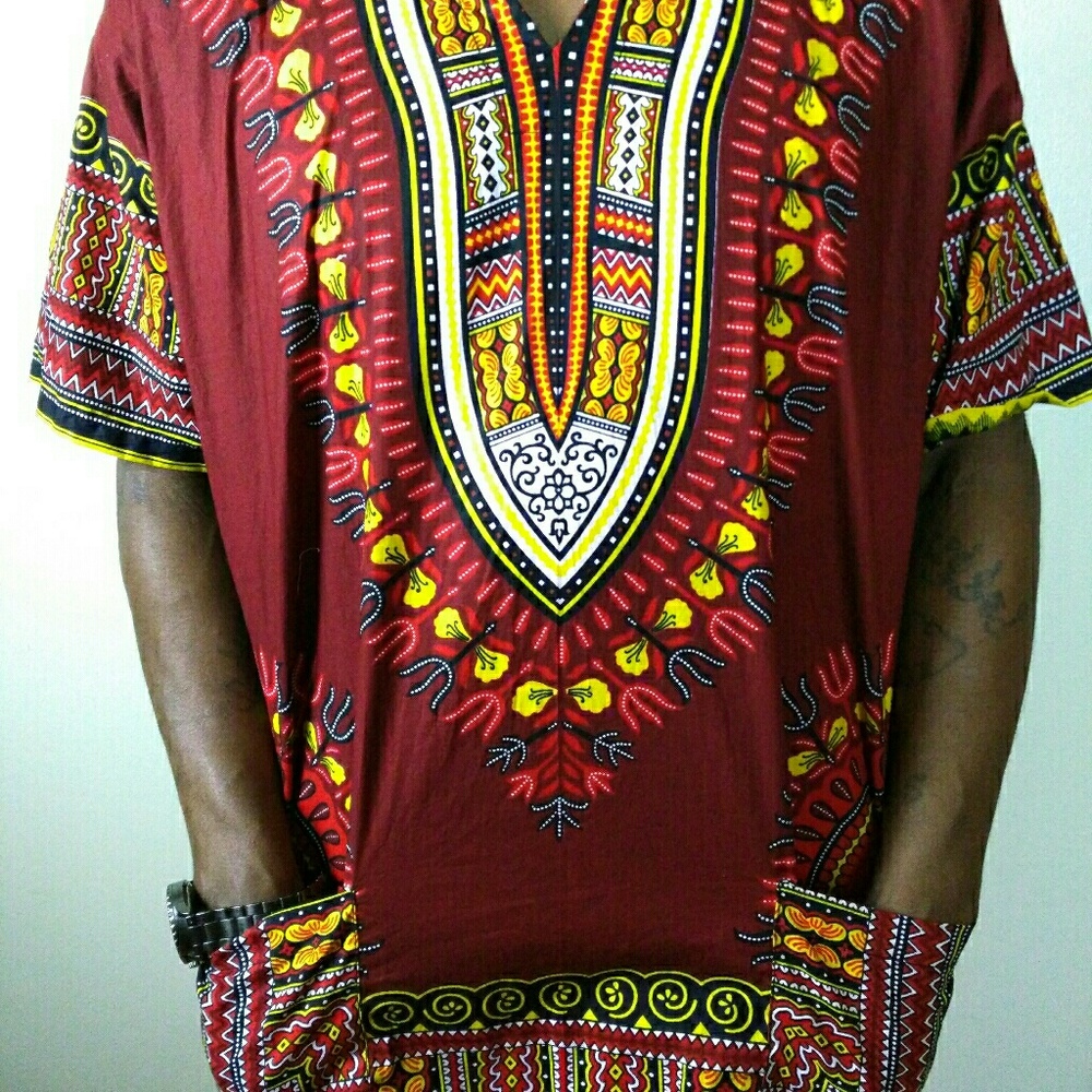 Burgundy & multi color hooded dashiki