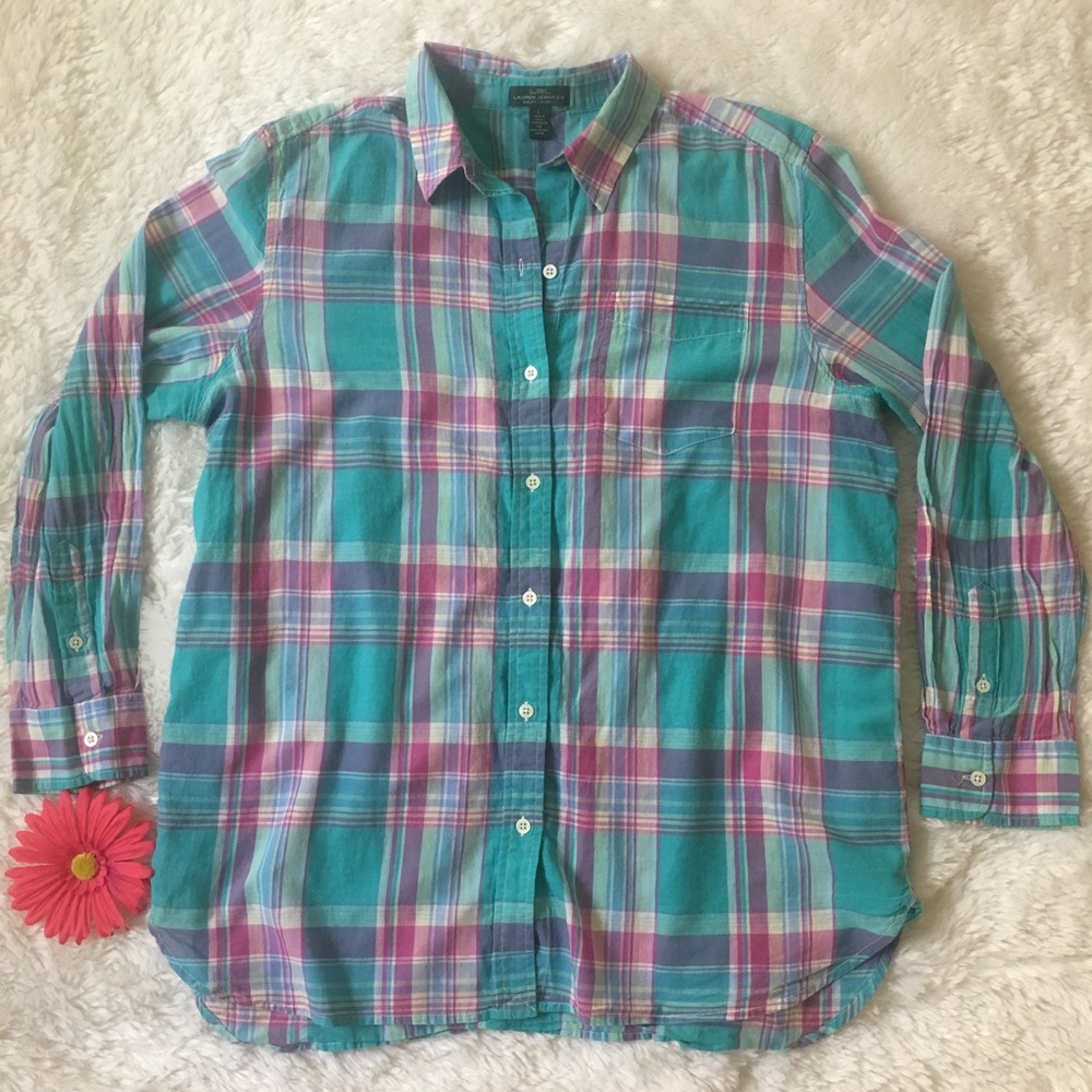 Ralph Lauren Teal Lavender Plaid Button Down Top