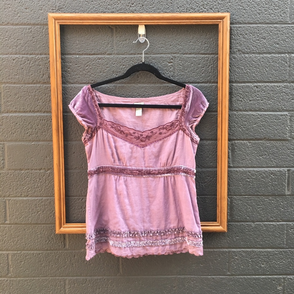 Anthropologie Odille Velvet Cap Sleeve Beaded Top