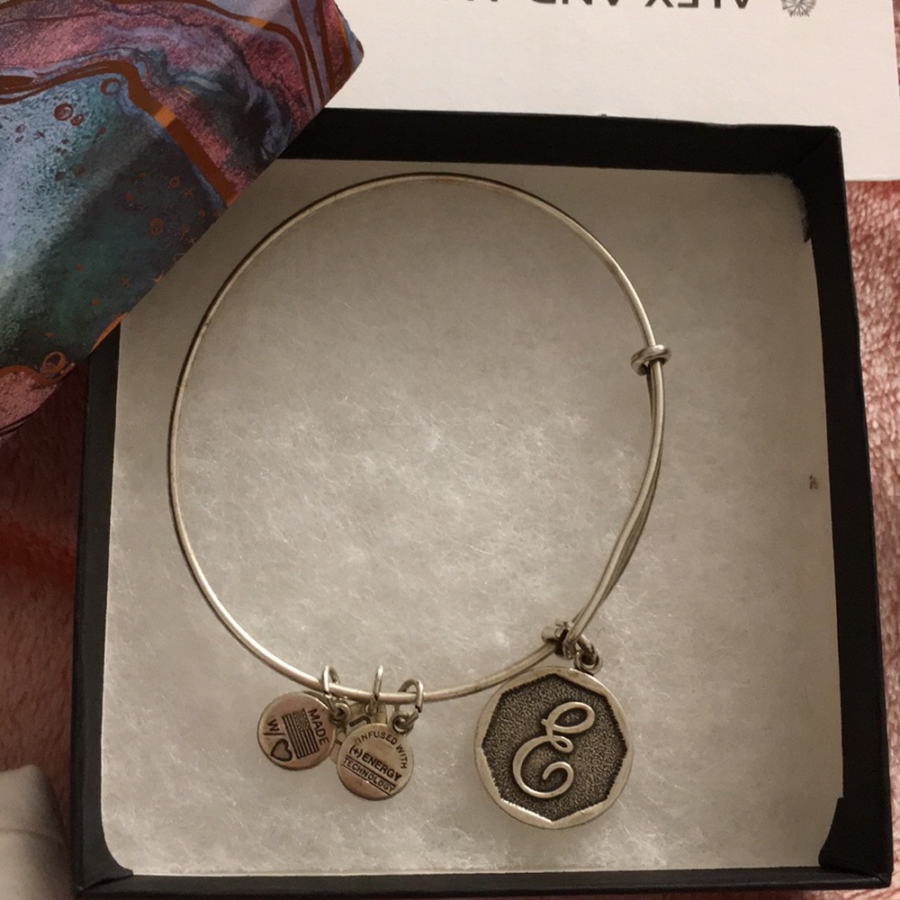 silver alex and ani bracelet with E charm