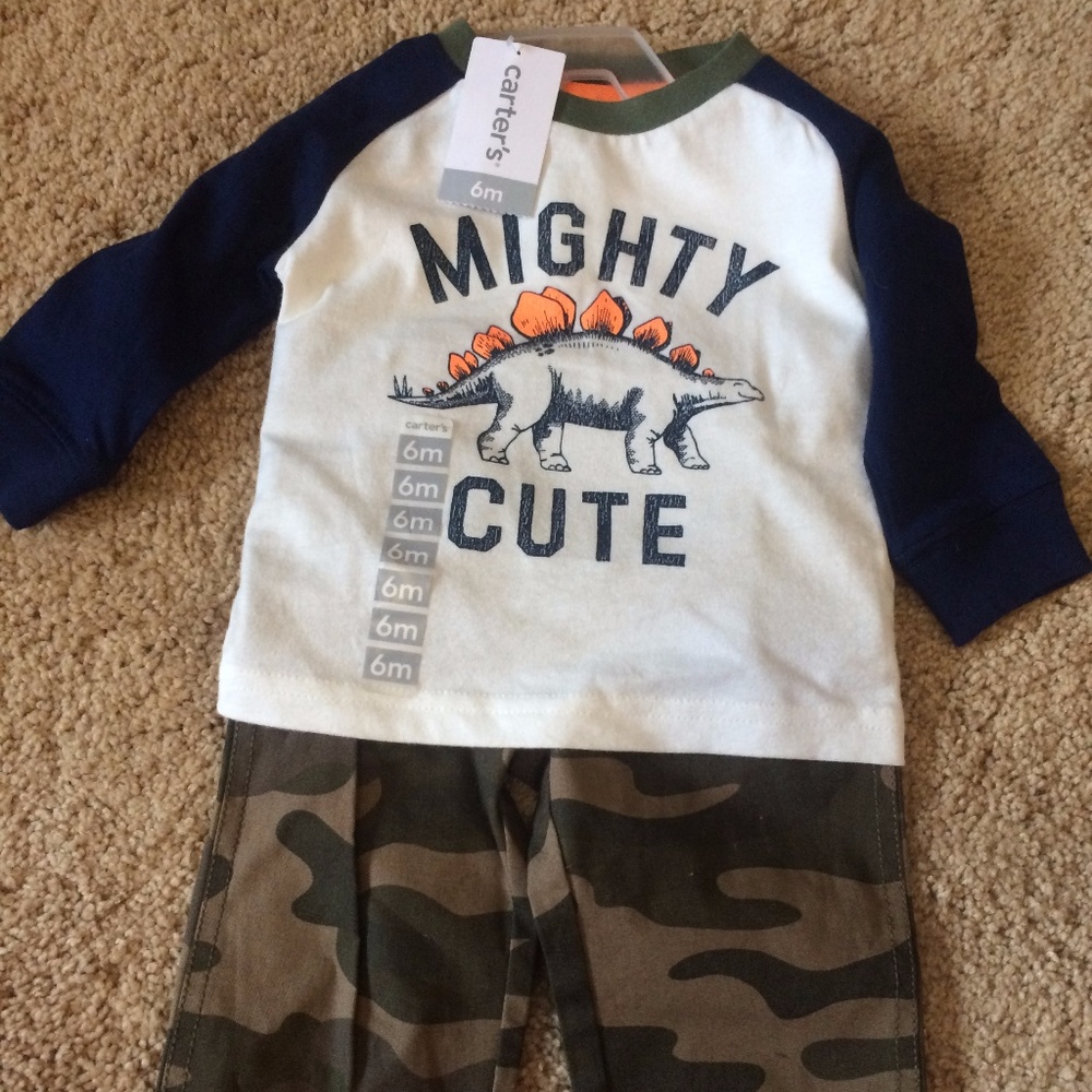 6 mo Camo pants and dinosaur shirt tags still on