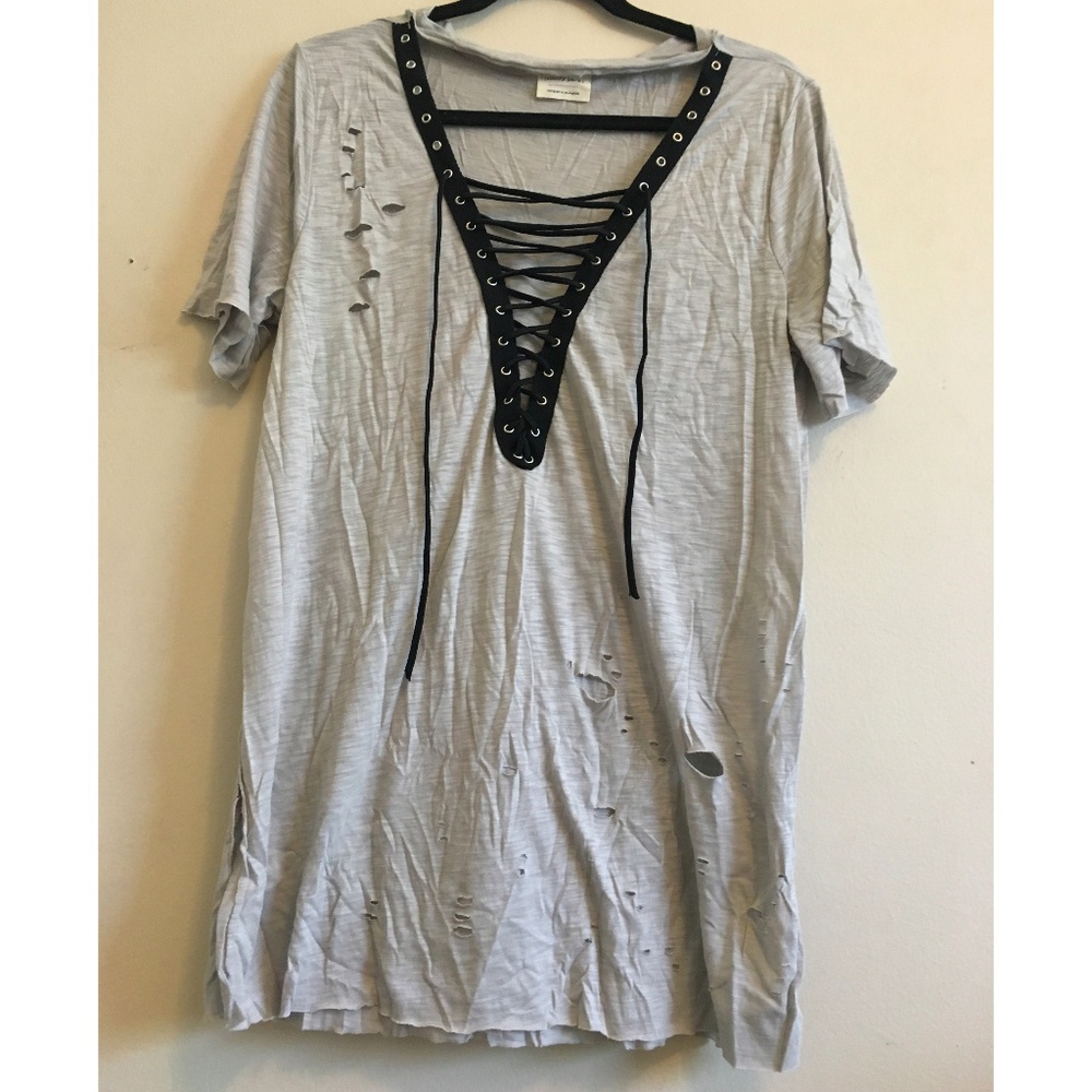 Distressed Lace-Up Tee Dress