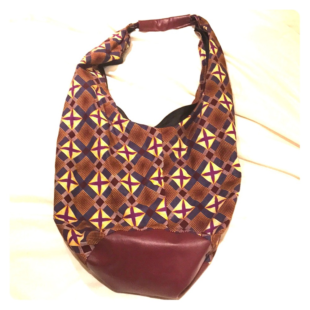 Boutique African wax cloth bag in purple and blue