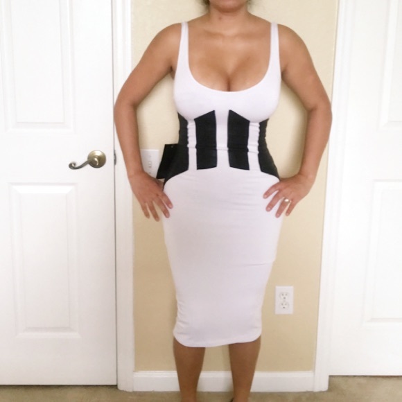 bebe Dresses & Skirts - 🆕 Bebe Midi Dress White with Black Accent Bodycon