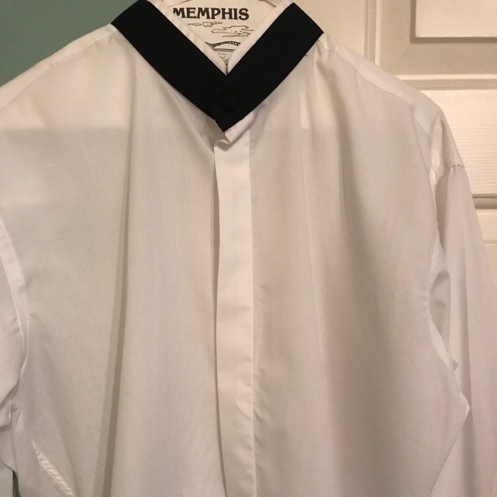White dress shirt with black banded collar.