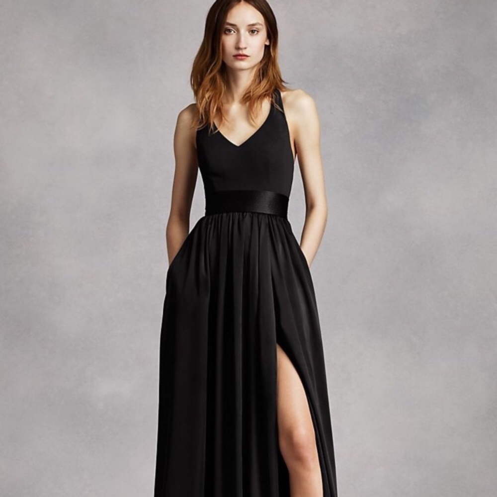 WHITE by Vera Wang V-neck halter gown w/sash