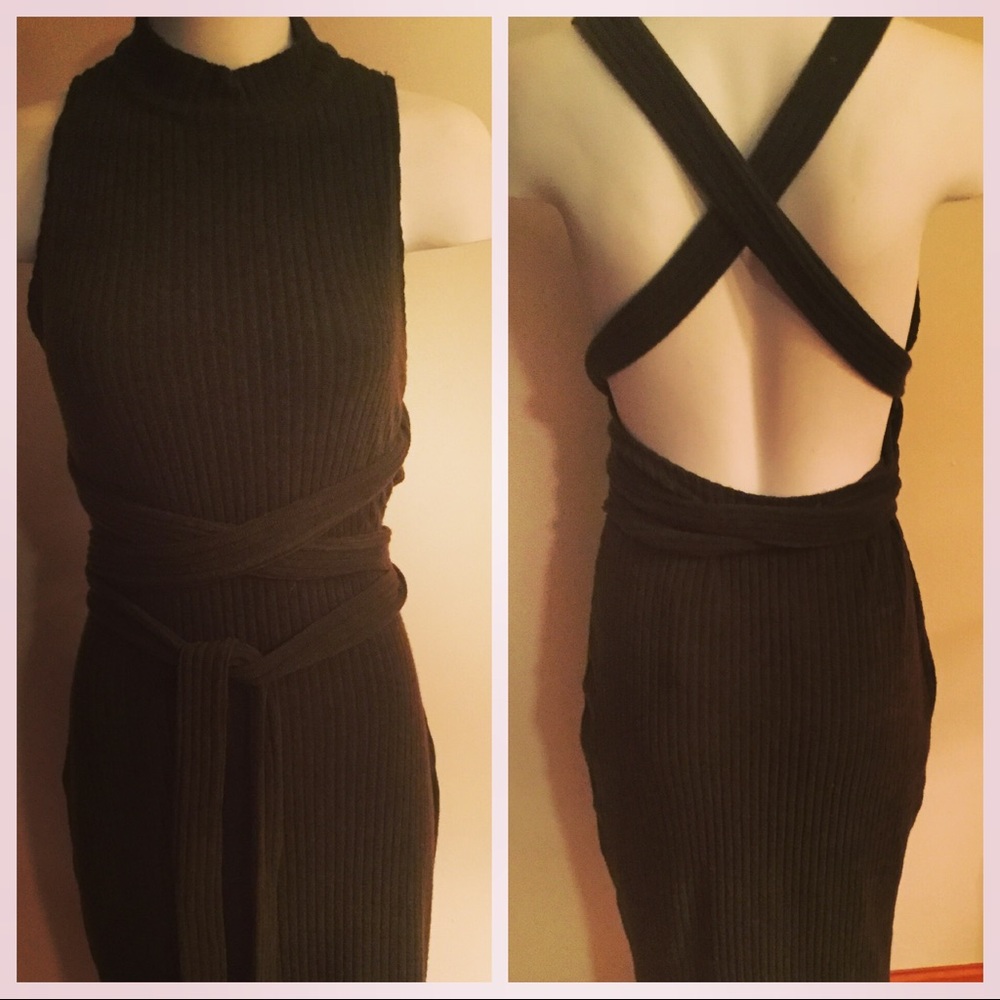 Lavish Alice khaki ribbed open back dress