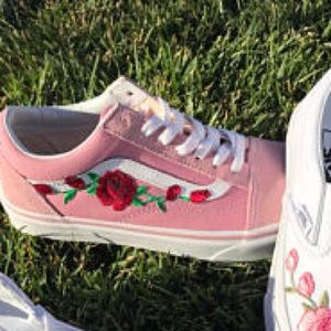 pink old skool vans with rose patch