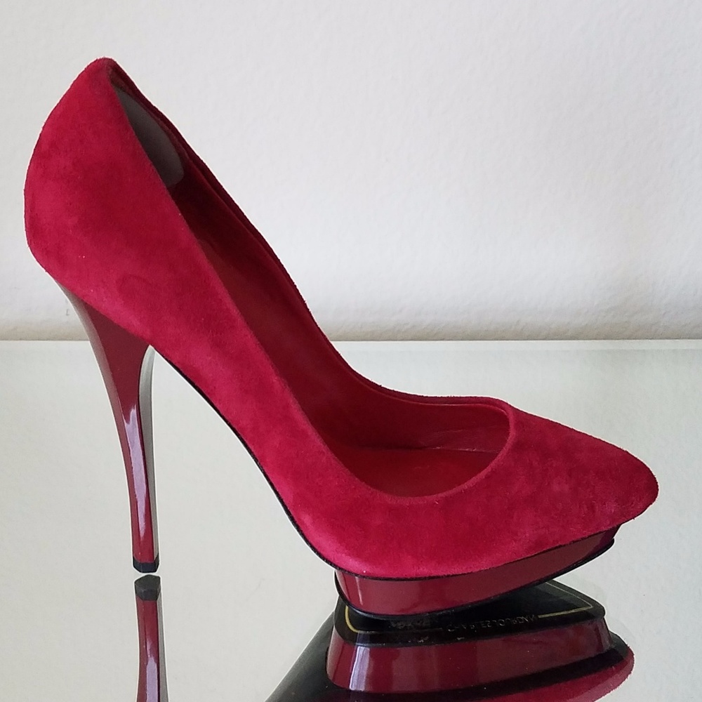 Red suede platform pumps