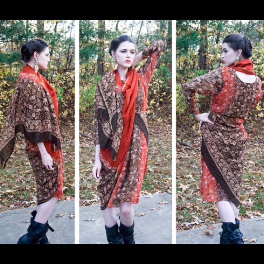 VNTG Fire gold Boho ethnic tunic & scarf size s m