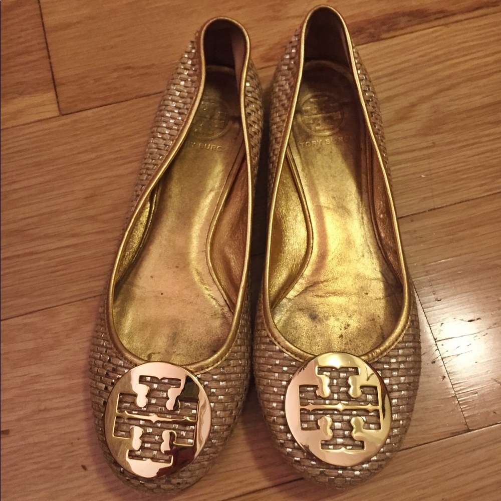 Tory Burch gold & wicker flats