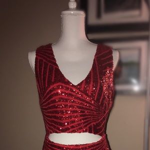 V Neck Red Sequined Cut out Cocktail Dress