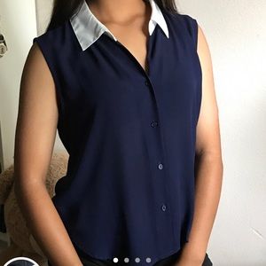 navy button up sleeveless blouse