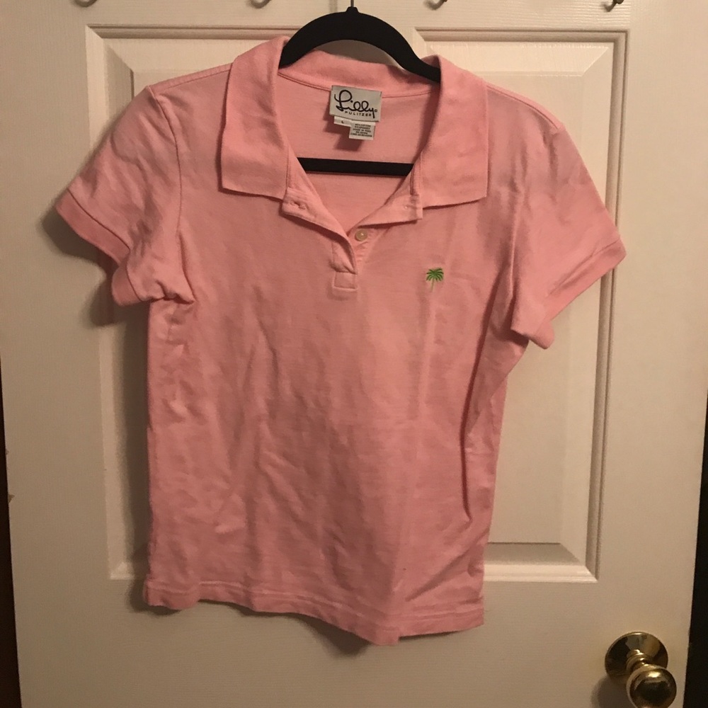 Lilly Pulitzer pink polo with green palm tree sz L