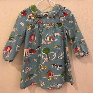 Corduroy blue dress w/ farm print & pink piping