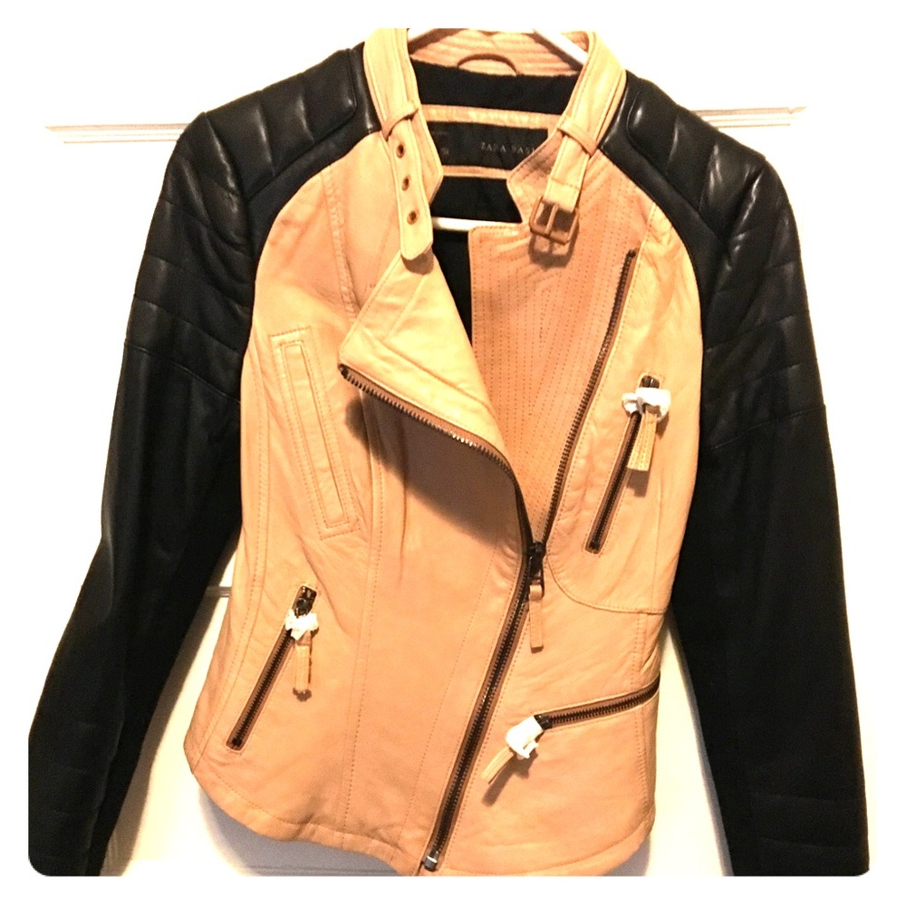 ZARA Black & Tan Leather Motorcycle Jacket Size M