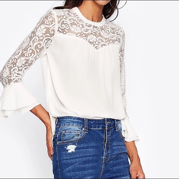 ✨LAST ONE! White Chiffon Lacy Flared Sleeved Top✨ - Picture 4 of 8