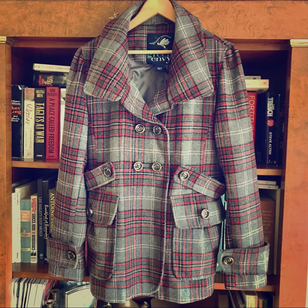 💕GREEN ENVY PLAID DBL BREASTED COAT POCKETS LINED