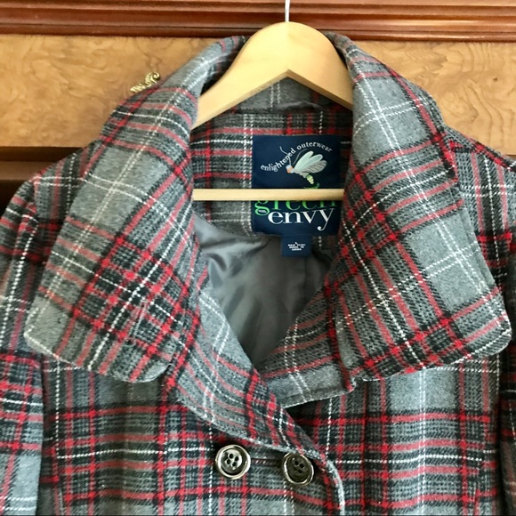 💕GREEN ENVY PLAID DBL BREASTED COAT POCKETS LINED - Picture 2 of 8