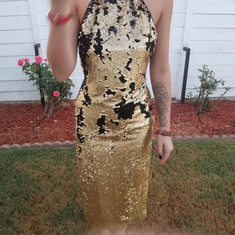 NBD Gold Black Sequin Midi Bodycon