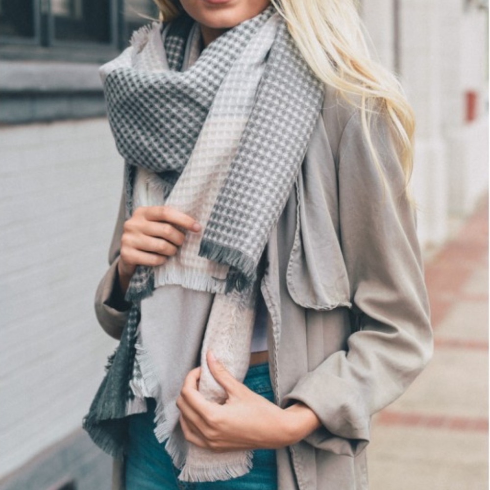 Gray and Blush Plaid Waffle Knit Blanket Scarf - Picture 2 of 2