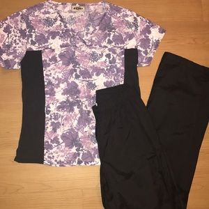 Medium scrub top with small black scrub bottoms