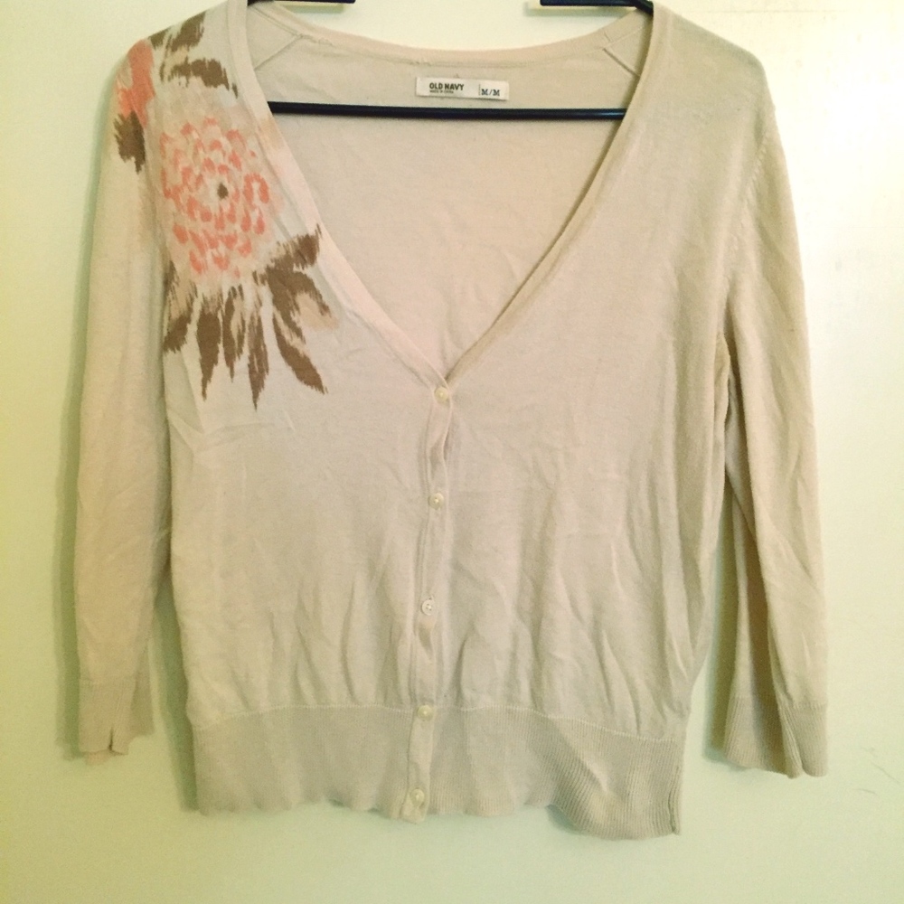 Khaki cardigan with pink flower detail