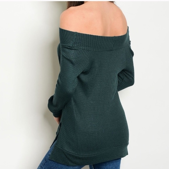 Last 1!🌟Green waffle knit off-shoulder top - Picture 2 of 2