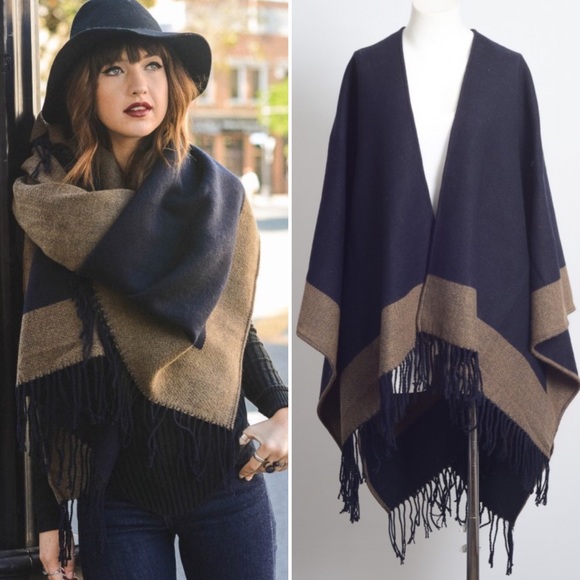 Navy and Brown Color Block Poncho with Fringe - Picture 2 of 4