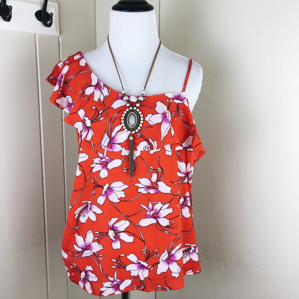 Red floral one cold shoulder ruffle dressy blouse - Picture 3 of 8