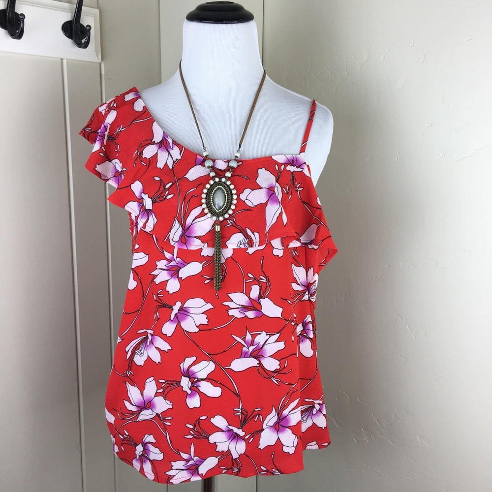 Red floral one cold shoulder ruffle dressy blouse - Picture 6 of 8