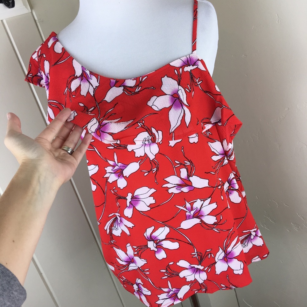 Red floral one cold shoulder ruffle dressy blouse - Picture 7 of 8