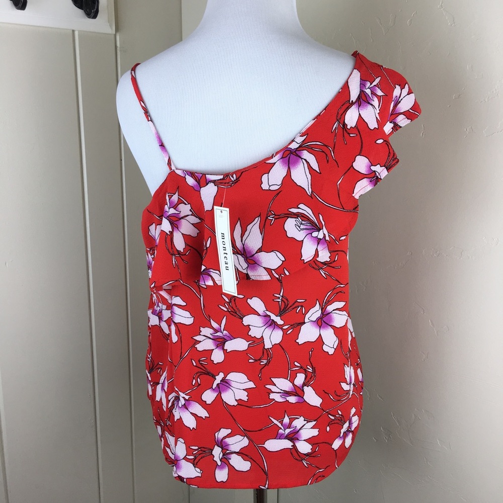 Red floral one cold shoulder ruffle dressy blouse - Picture 8 of 8