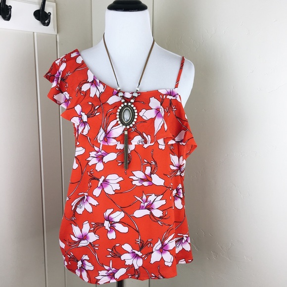 Red floral one cold shoulder ruffle dressy blouse - Picture 3 of 8