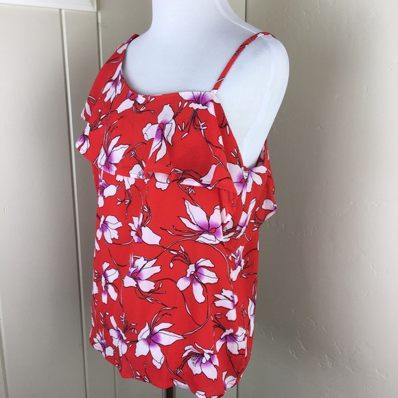 Red floral one cold shoulder ruffle dressy blouse - Picture 4 of 8