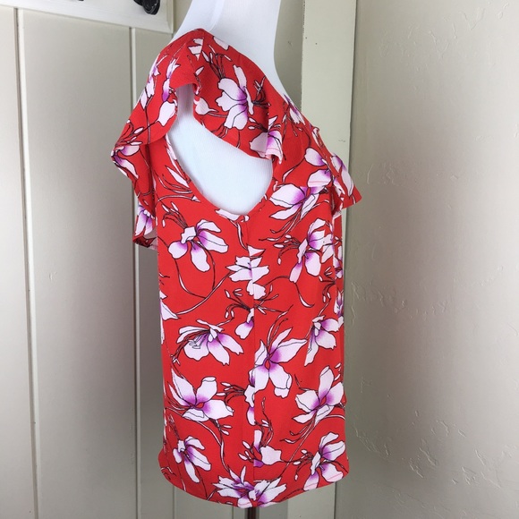 Red floral one cold shoulder ruffle dressy blouse - Picture 5 of 8