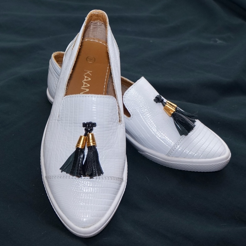 White Loafer Shoes w/ Black Tassels by Kaanas