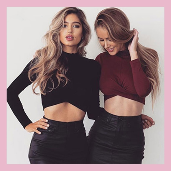 🔥SALE🔥 Black Mock Neck Front Cross Crop Top - Picture 1 of 6