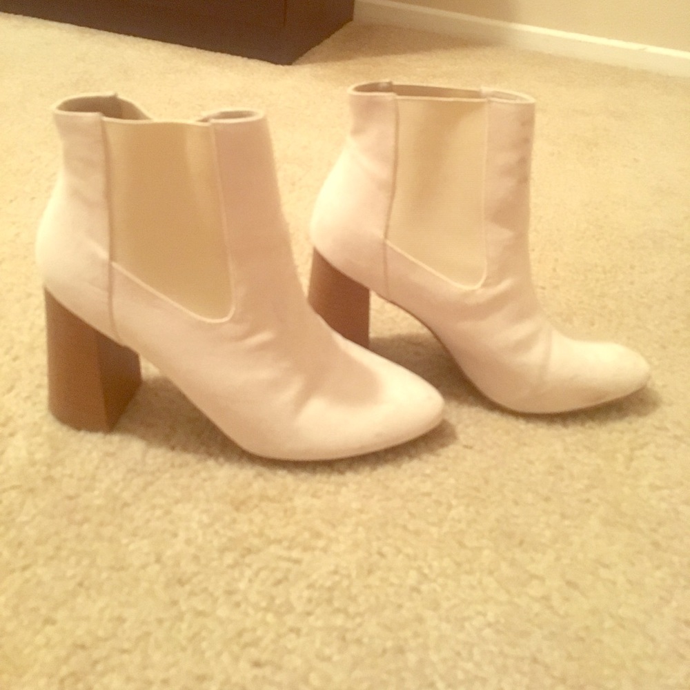 Ivory ankle bootie heels w/ wooden heel