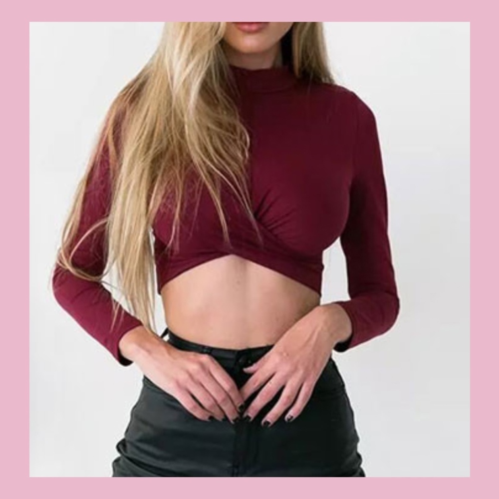 🔥SALE🔥 Wine Mock Neck Front Cross Crop Top
