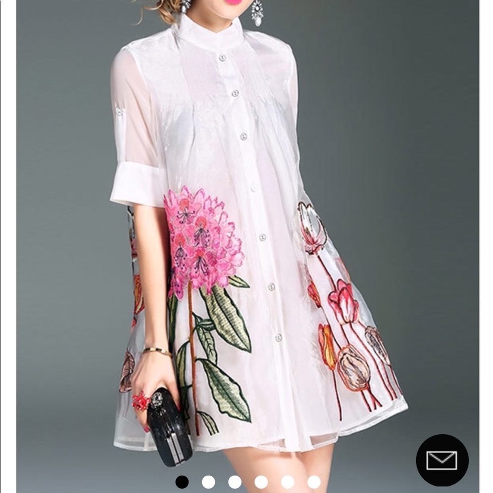 White Stand Collar Floral Embroidered Shirt Dress