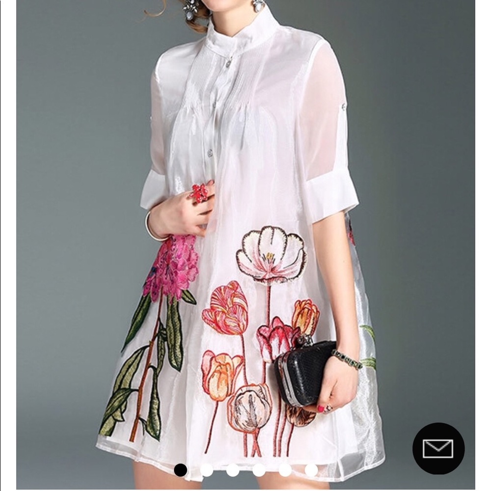 White Stand Collar Floral Embroidered Shirt Dress - Picture 2 of 4