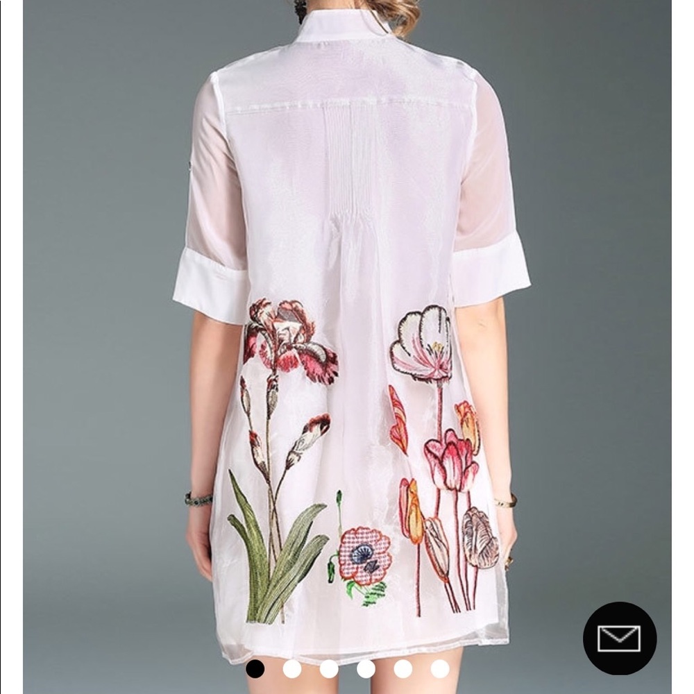 White Stand Collar Floral Embroidered Shirt Dress - Picture 3 of 4