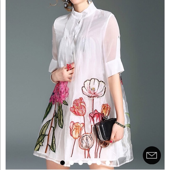 White Stand Collar Floral Embroidered Shirt Dress - Picture 2 of 4