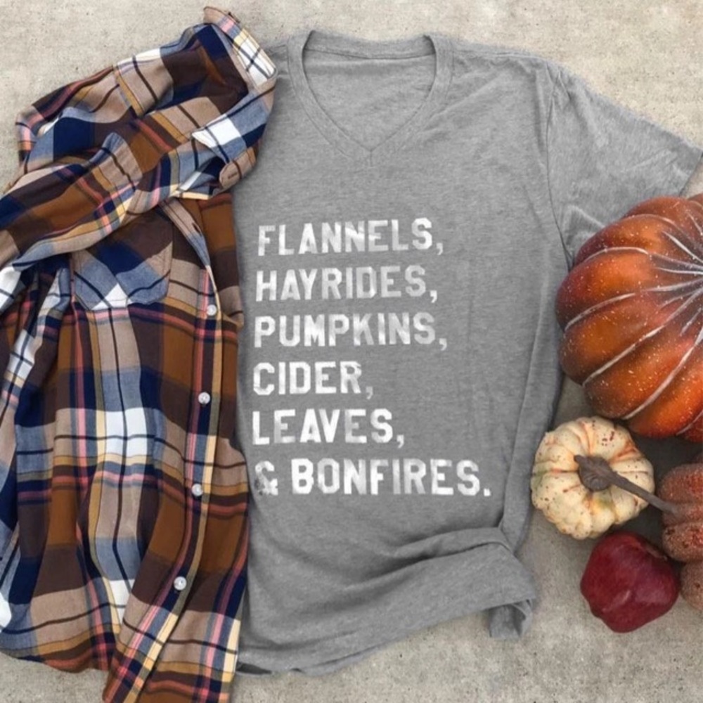 Gray Fall Autumn Graphic Tee V-Neck T-shirt