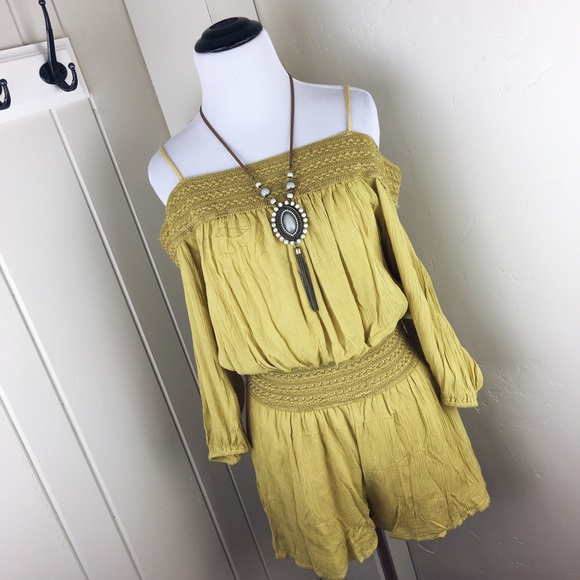 Purple Snow Pants - Gold yellow one piece boho off the shoulder romper