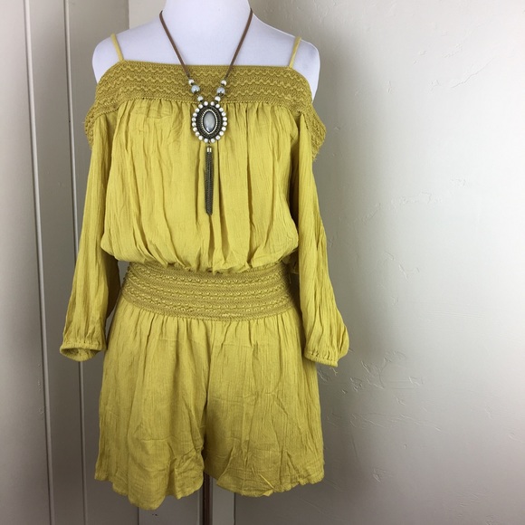 Gold yellow one piece boho off the shoulder romper - Picture 2 of 8